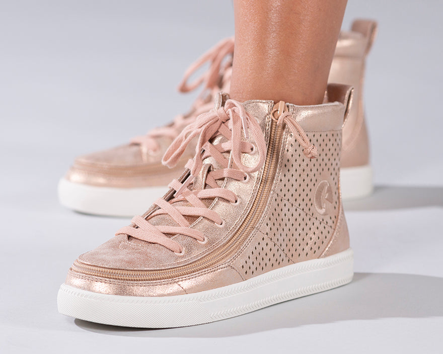 Women's Rose Gold Shine BILLY Classic Lace Highs, zipper shoes, like velcro, that are adaptive, accessible, inclusive and use universal design to accommodate an afo. Footwear is medium and wide width, M, D and EEE, are comfortable, and come in toddler, kids, mens, and womens sizing.