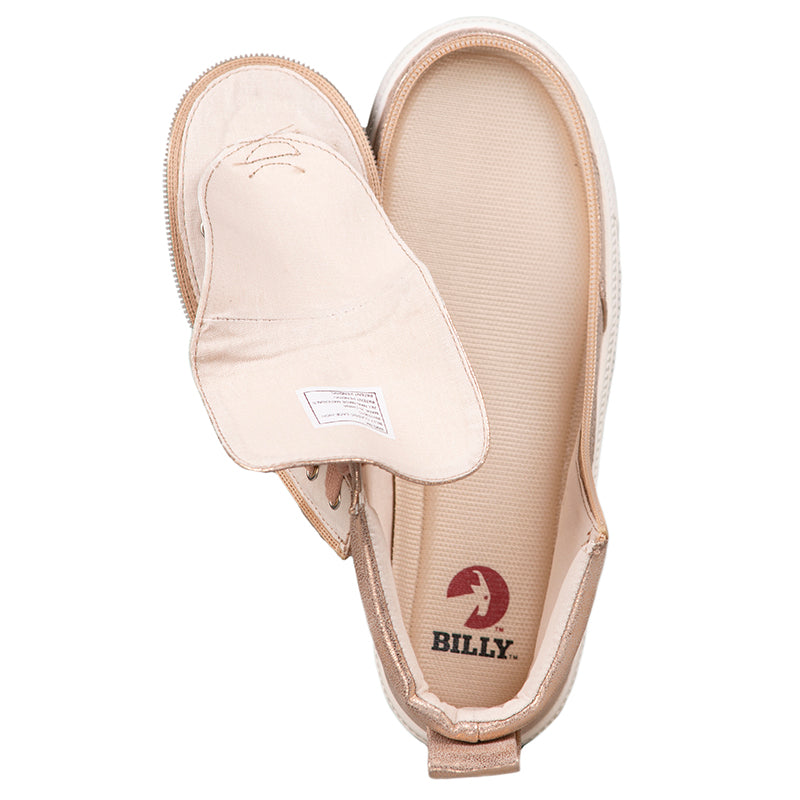 Women's Rose Gold Shine BILLY Classic Lace Highs, zipper shoes, like velcro, that are adaptive, accessible, inclusive and use universal design to accommodate an afo. Footwear is medium and wide width, M, D and EEE, are comfortable, and come in toddler, kids, mens, and womens sizing.