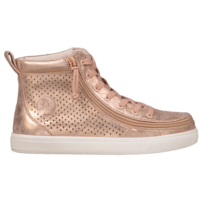 Women's Rose Gold Shine BILLY Classic Lace Highs, zipper shoes, like velcro, that are adaptive, accessible, inclusive and use universal design to accommodate an afo. Footwear is medium and wide width, M, D and EEE, are comfortable, and come in toddler, kids, mens, and womens sizing.