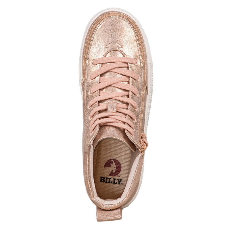 Women's Rose Gold Shine BILLY Classic Lace Highs, zipper shoes, like velcro, that are adaptive, accessible, inclusive and use universal design to accommodate an afo. Footwear is medium and wide width, M, D and EEE, are comfortable, and come in toddler, kids, mens, and womens sizing.