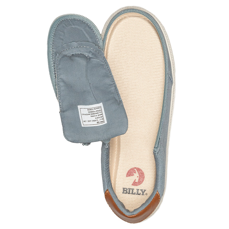 Women's Storm Blue (Brown Mustache) BILLY Classic Lace Lows, zipper shoes, like velcro, that are adaptive, accessible, inclusive and use universal design to accommodate an afo. Footwear is medium and wide width, M, D and EEE, are comfortable, and come in toddler, kids, mens, and womens sizing.
