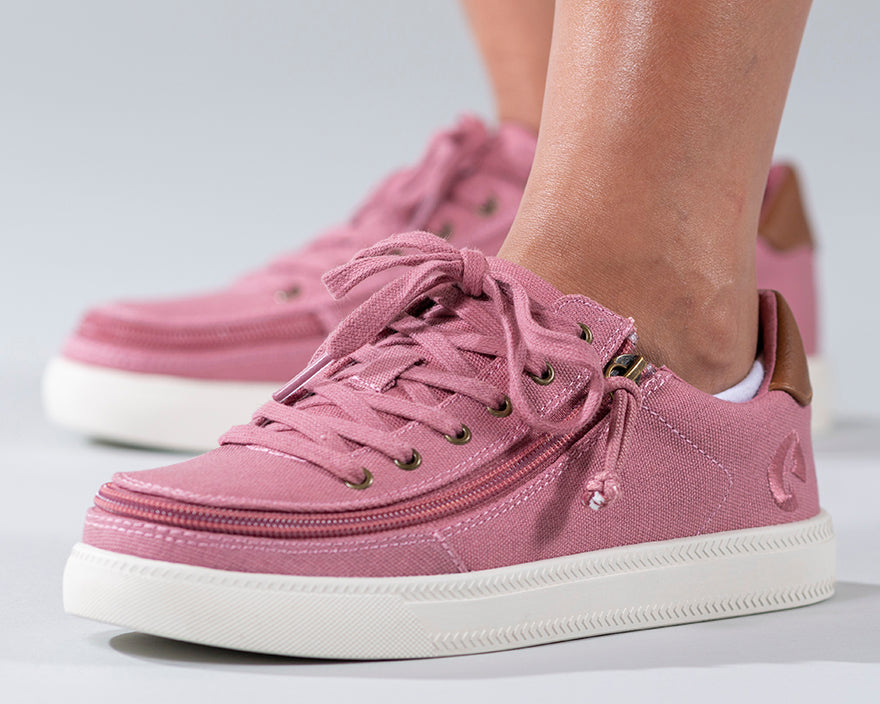 Women's Dusty Rose (Brown Mustache) BILLY Classic Lace Lows, zipper shoes, like velcro, that are adaptive, accessible, inclusive and use universal design to accommodate an afo. Footwear is medium and wide width, M, D and EEE, are comfortable, and come in toddler, kids, mens, and womens sizing.