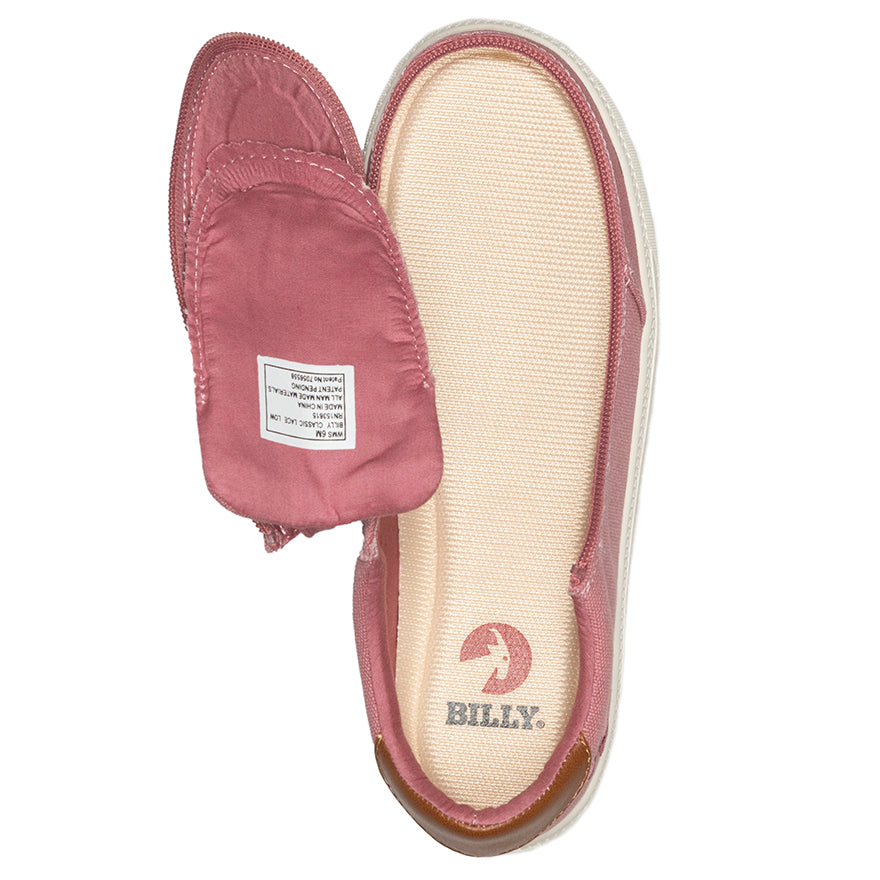 Women's Dusty Rose (Brown Mustache) BILLY Classic Lace Lows, zipper shoes, like velcro, that are adaptive, accessible, inclusive and use universal design to accommodate an afo. Footwear is medium and wide width, M, D and EEE, are comfortable, and come in toddler, kids, mens, and womens sizing.