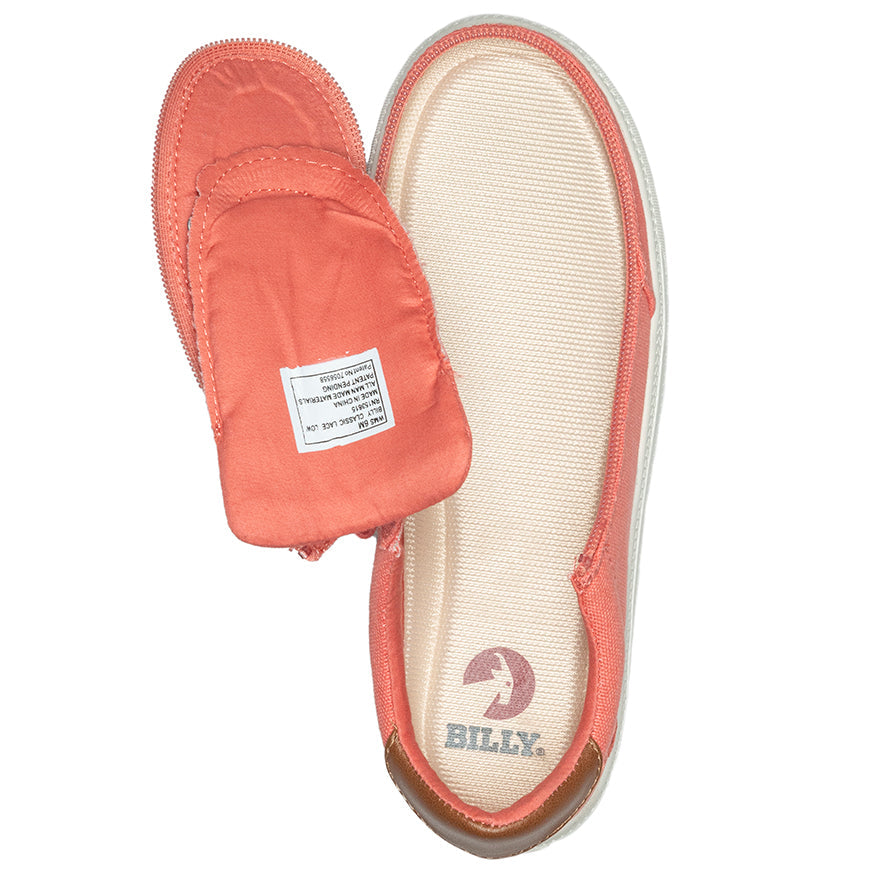 Women's Coral (Brown Mustache) BILLY Classic Lace Lows, zipper shoes, like velcro, that are adaptive, accessible, inclusive and use universal design to accommodate an afo. Footwear is medium and wide width, M, D and EEE, are comfortable, and come in toddler, kids, mens, and womens sizing.
