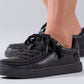 Women's Black to the Floor Faux Leather BILLY Low Sneakers, zipper shoes, like velcro, that are adaptive, accessible, inclusive and use universal design to accommodate an afo. Footwear is medium and wide width, M, D and EEE, are comfortable, and come in toddler, kids, mens, and womens sizing.