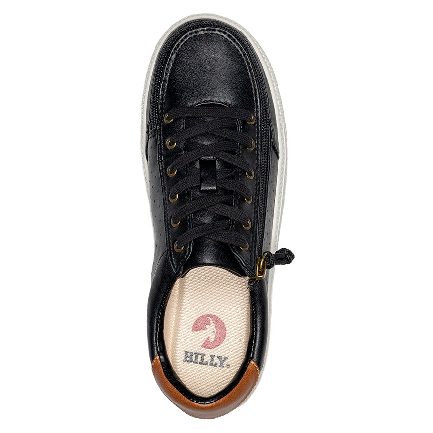 Women's Black (Brown Mustache) BILLY Low Sneakers, zipper shoes, like velcro, that are adaptive, accessible, inclusive and use universal design to accommodate an afo. Footwear is medium and wide width, M, D and EEE, are comfortable, and come in toddler, kids, mens, and womens sizing.