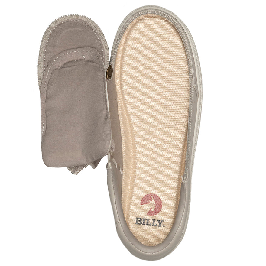 Women's Dove Grey BILLY Low Sneakers, zipper shoes, like velcro, that are adaptive, accessible, inclusive and use universal design to accommodate an afo. Footwear is medium and wide width, M, D and EEE, are comfortable, and come in toddler, kids, mens, and womens sizing.
