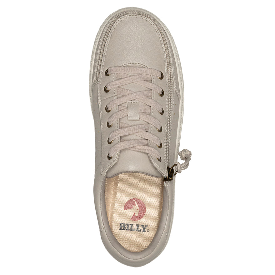 Women's Dove Grey BILLY Low Sneakers, zipper shoes, like velcro, that are adaptive, accessible, inclusive and use universal design to accommodate an afo. Footwear is medium and wide width, M, D and EEE, are comfortable, and come in toddler, kids, mens, and womens sizing.