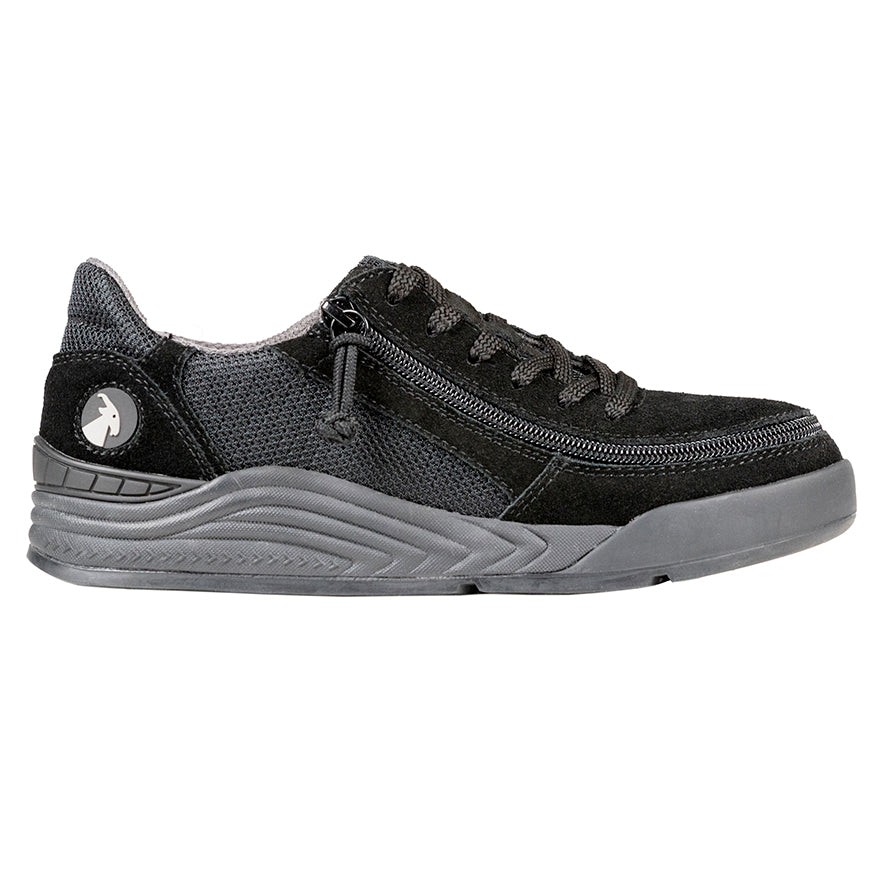 Women's Black Suede/Mesh BILLY Comfort Classic Lows, zipper shoes, like velcro, that are adaptive, accessible, inclusive and use universal design to accommodate an afo. Footwear is medium and wide width, M, D and EEE, are comfortable, and come in toddler, kids, mens, and womens sizing.